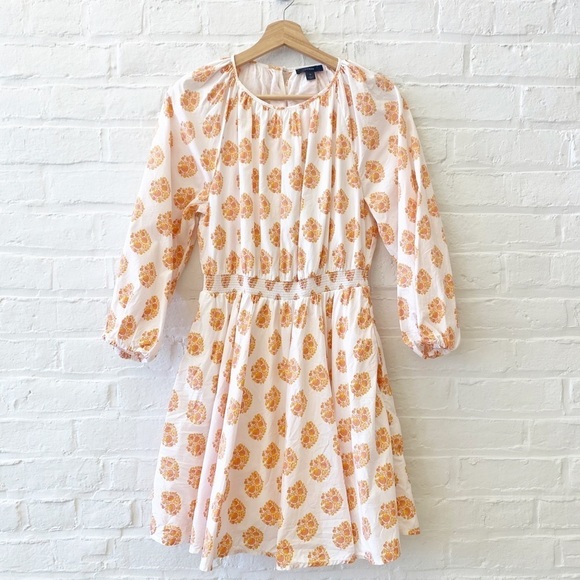 J. Crew || Smocked Waist Mini Dress Long Sleeve Floral Block Print Orange Medium - Picture 1 of 7